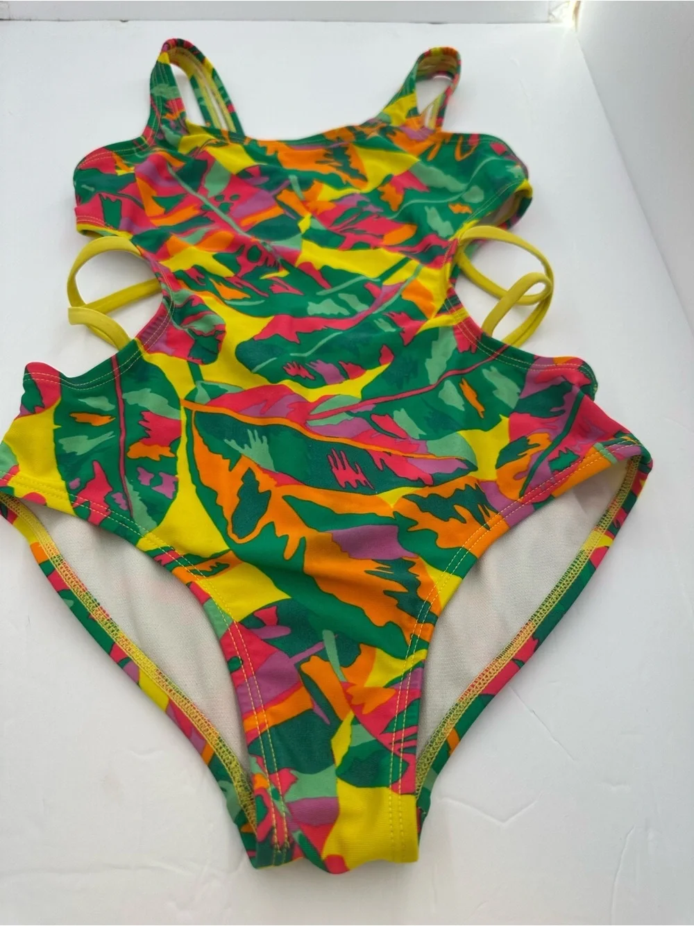 Cat & Jack Multicolor Tropical-Trim One-Piece Swim Green, Yellow, Pink Size M(8)